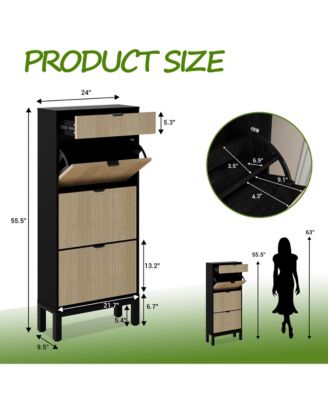 Freestanding Fluted Entryway Shoe Cabinet - 3 Flip Doors + 1 Drawer Storage Organizer