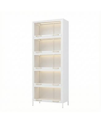 Iron Display Cabinet with Glass Doors, 5-Tier Steel Bookcase with LED Lights