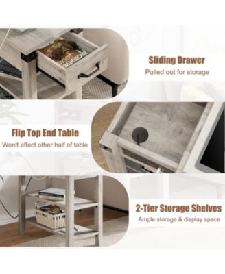 End Table with USB Ports and Outlets, Flip Top Side Table Narrow Bedside Table with Drawer and Storage Shelves for Living Room