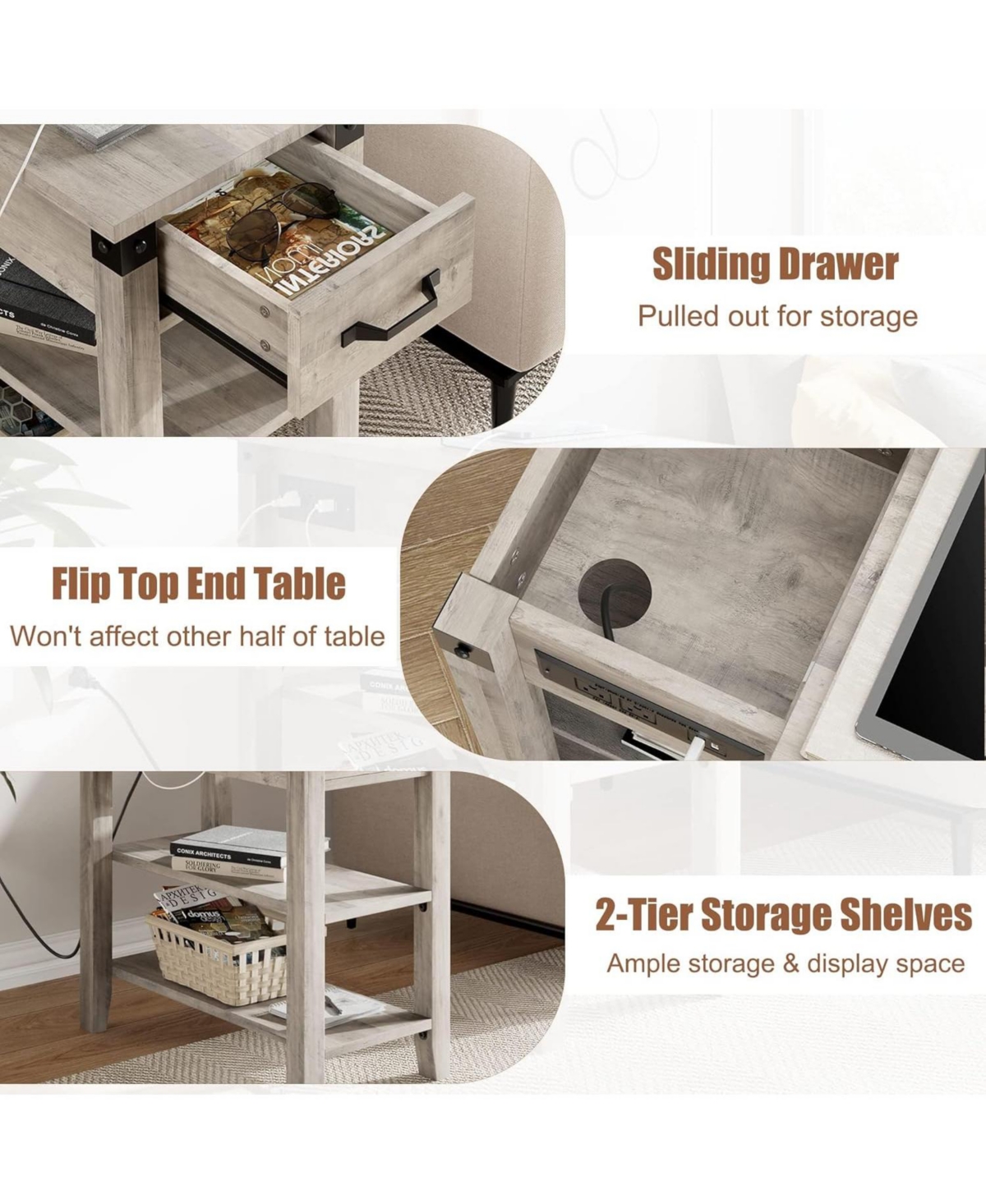 Gaomon End Table with Usb Ports and Outlets, Flip Top Side Table Narrow Bedside Table with Drawer and Storage Shelves for Living Room