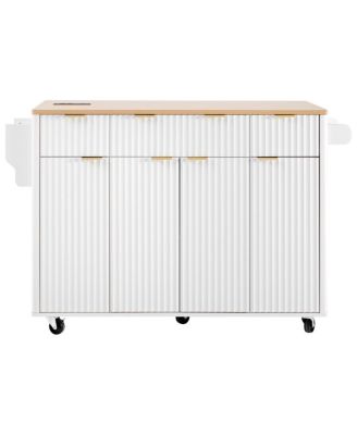 Fluted Kitchen Island with Storage, Drop Leaf, Power Outlet, 4 Doors, 3 Drawers