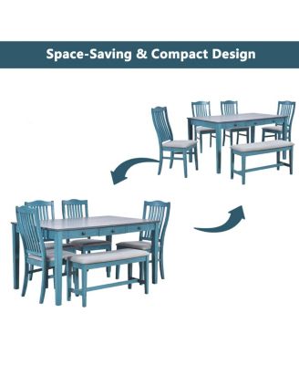  Mid-Century 6-Piece Wood Dining Set with Drawer, Chairs & Bench