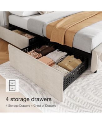 Full Size Bed Frame with 4 Storage Drawers, Linen Upholstered Platform Bed Frame with Adjustable Headboard