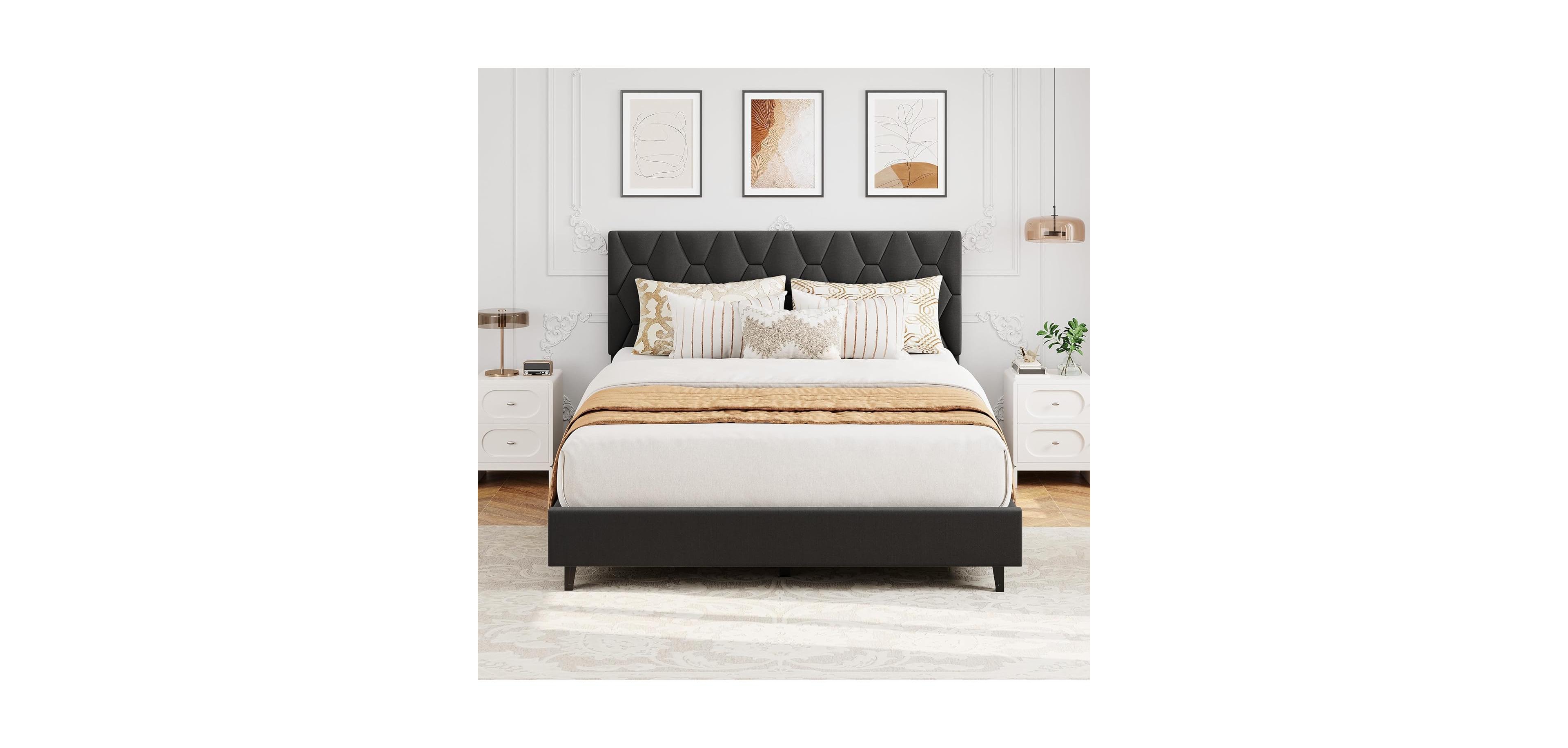 gaomon Bed Frame with Upholstered Headboard,Heavy-Duty Platform Bed Frame with Strong Wood Slats