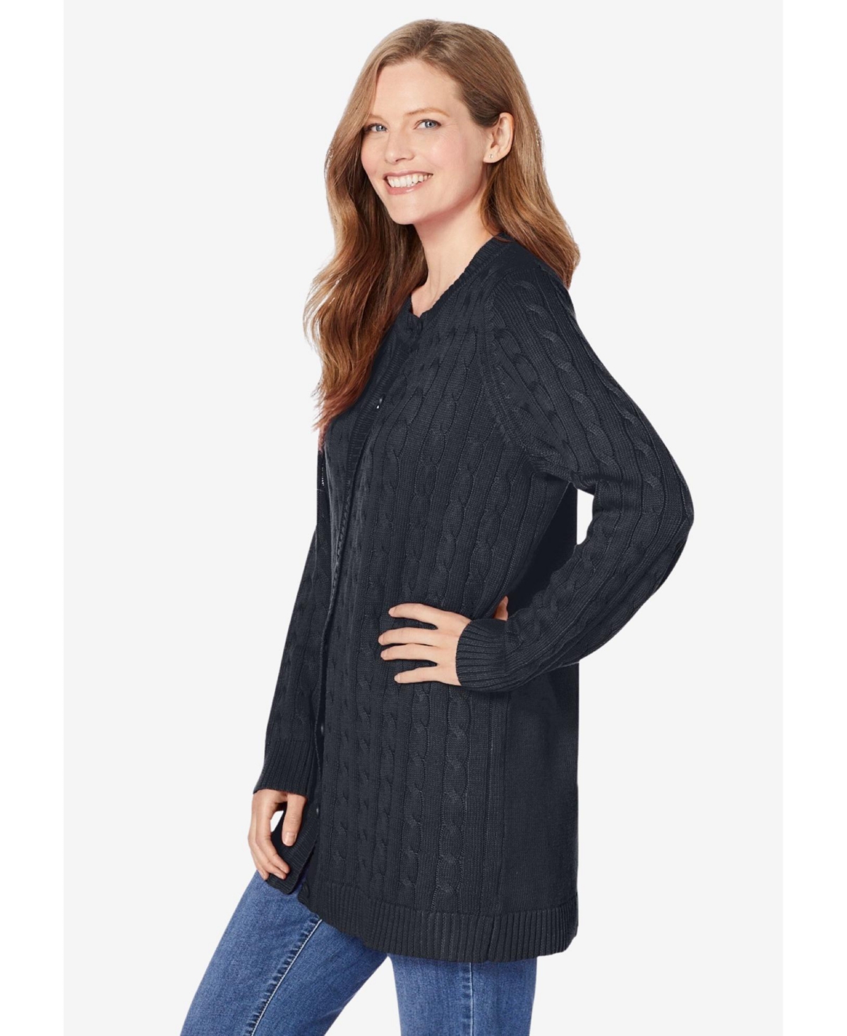 Woman Within Women's Cotton Cable Knit Cardigan Sweater