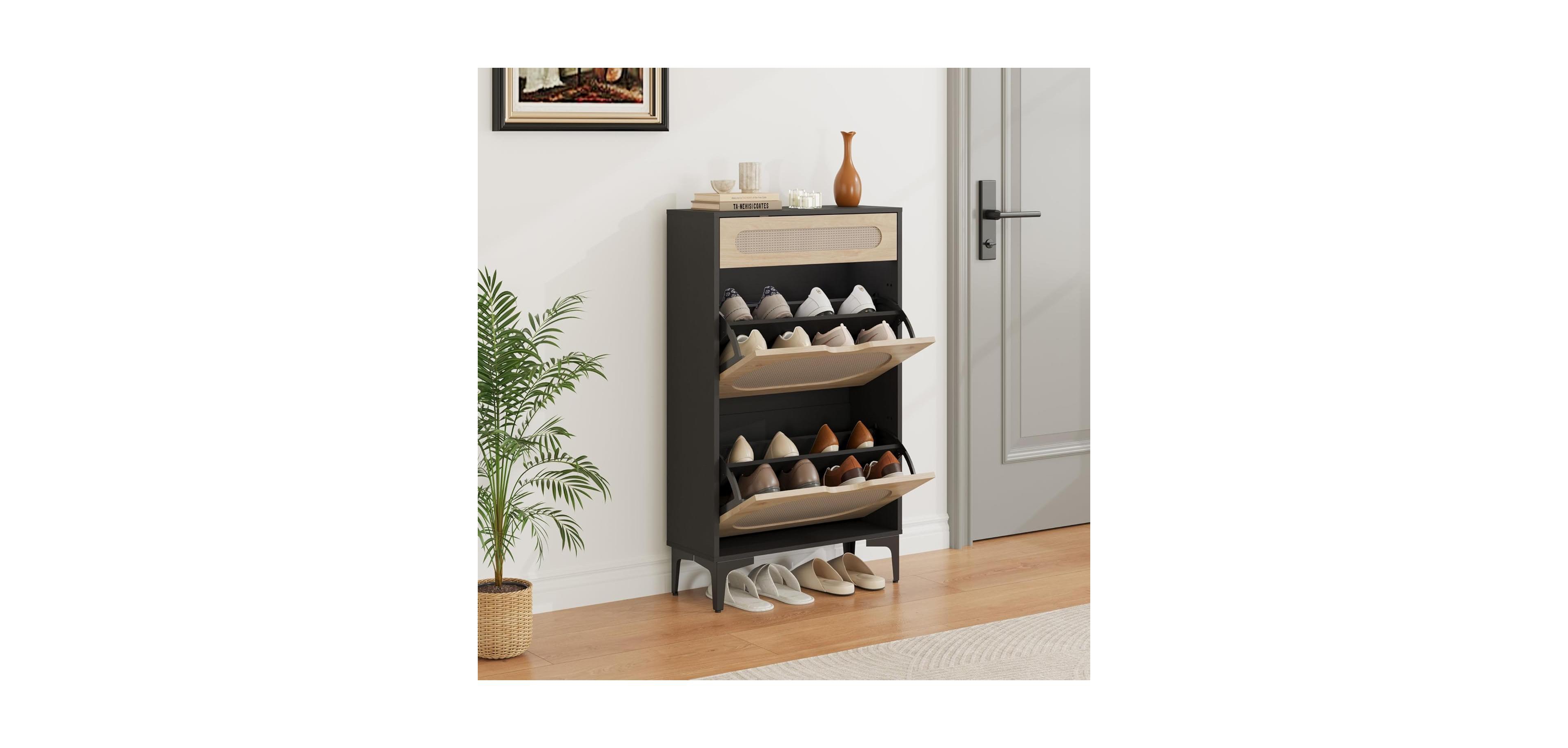 gaomon Rattan Shoe Cabinet with 2 Flip Drawers & 1 Pull Out Drawer – Wooden Shoe Storage Cabinet with Adjustable Shelf & Metal Legs
