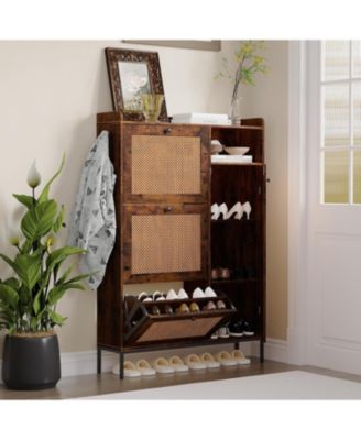 Rattan Narrow Entryway Shoe Cabinet - 3 Flip Drawers with Adjustable Shelves Storage Organizer