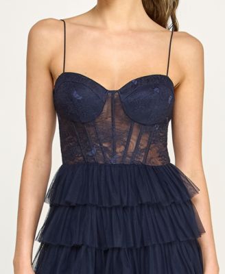 Juniors' Lace Ruffled Sweetheart Sleeveless Gown