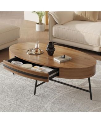 Oval Coffee Table with Drawer Mid-Century Modern Center Table Wooden Coffee Table with Storage and Cross Metal Legs Unique Curved Design