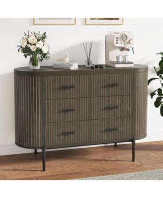 Fluted 6 Drawer Dresser for Bedroom, 59in Large Mid Century Modern Wooden Chest Dresser TV Stand with Curved Profile Design and Gold Handles