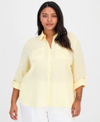 Plus Size Roll-Tab 100% Linen Shirt