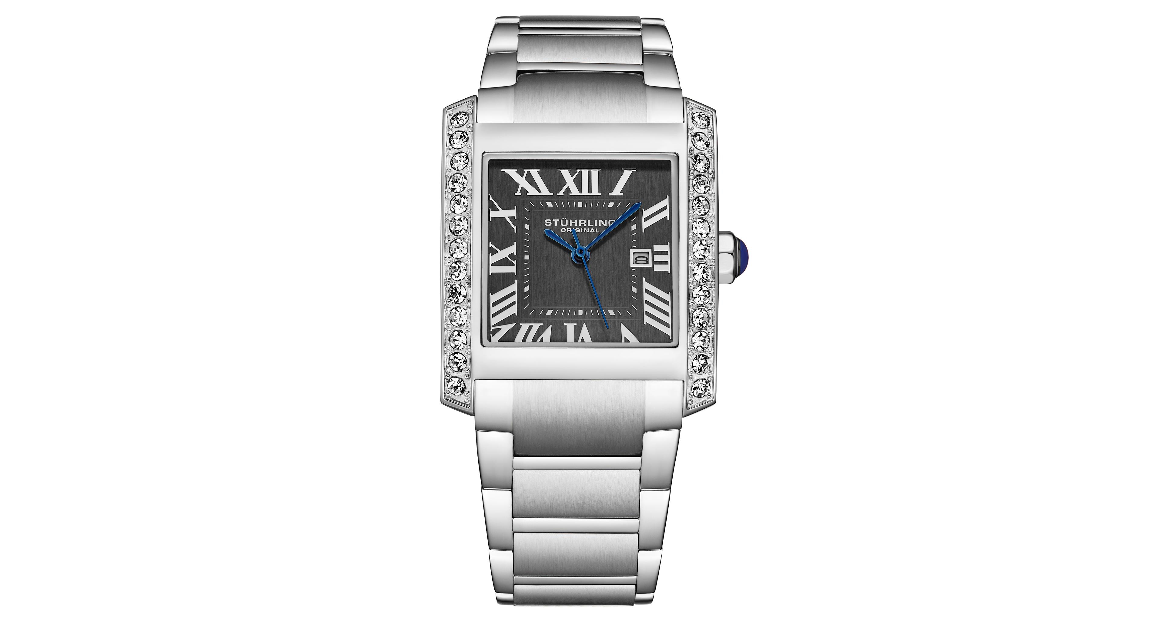 Stuhrling Elan Women s Rectangular Quartz Watch, Black Dial, Silver-Tone Stainless Steel Bracelet, Roman Numeral Dial and Date