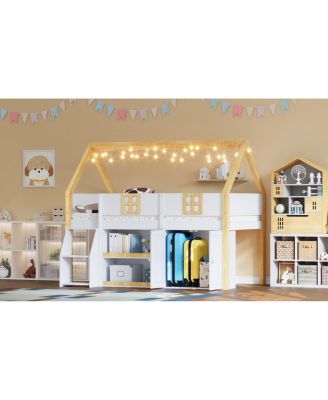 loft bed with Step Staircase, Shelving, Cabinets & LED lights