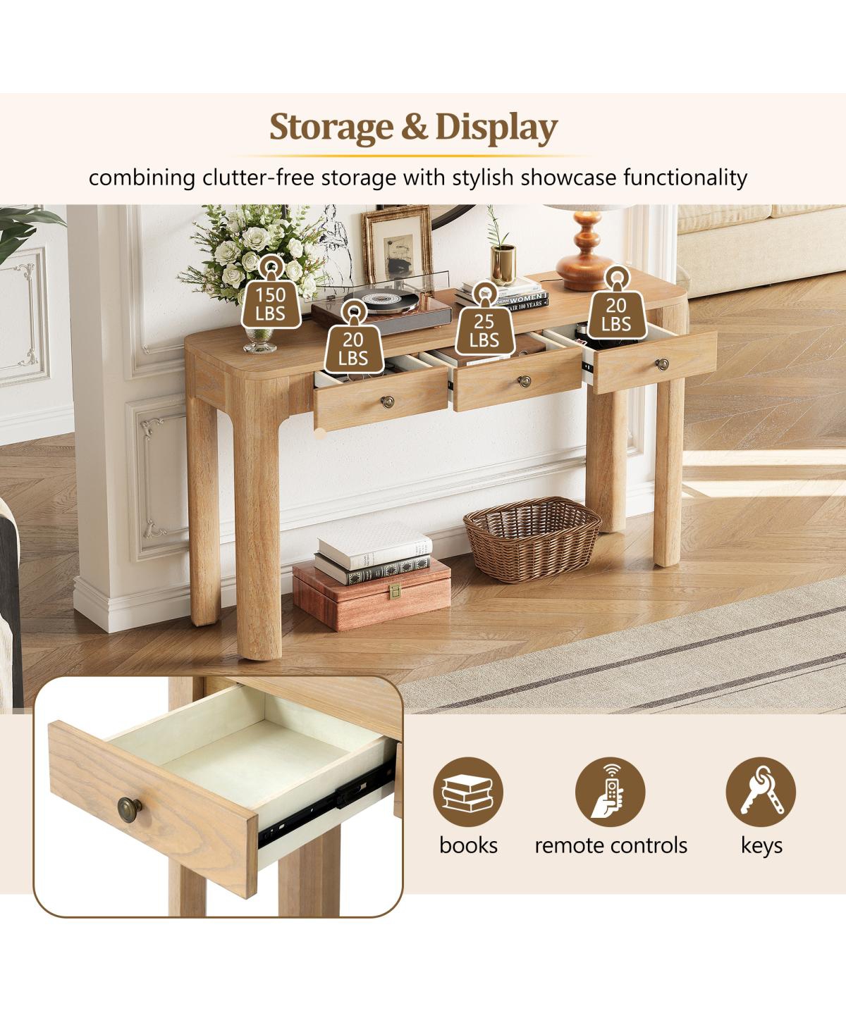 Streamdale Rustic Console Table with Curved Corners, 3 Drawers, Sturdy Sofa Table