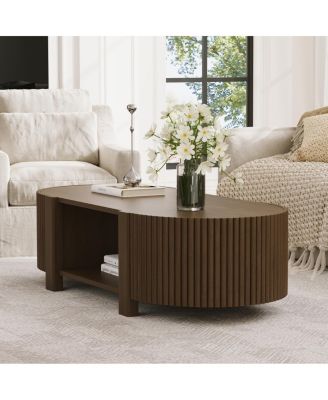  Oval Fluted Coffee Table with Storage, Rubber Solid Wood, Walnut, 47