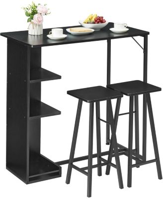 Small Bar Table and Chairs Set for 2 3-Piece Bar Table Set with 3 Tier Storage Shelves Space Saving Table for Small Apartment Dining Room