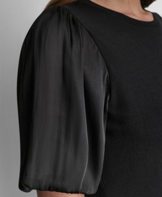 Women's Puffed Crew Neck Mix Media Knit Top