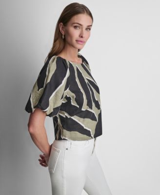Women's Printed Scoop-Neck Short-Puff-Sleeve Top
