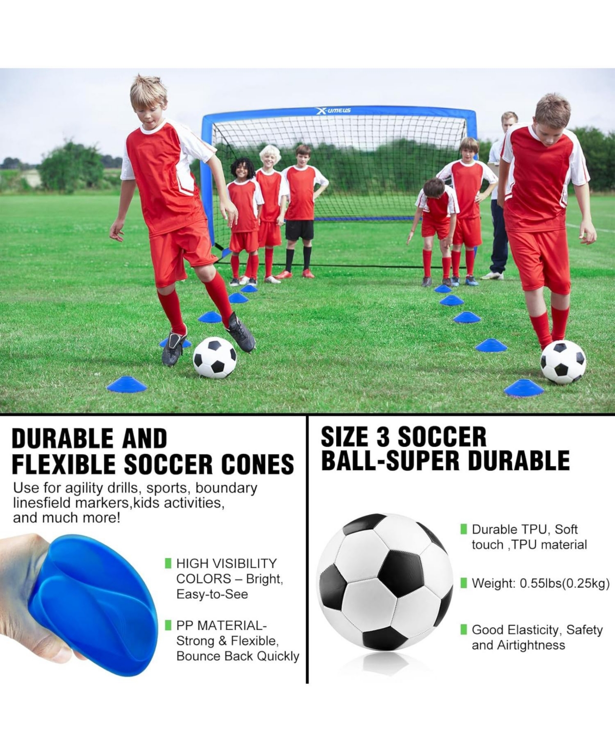 X-umeus Set of 2 Kids 6x4ft Soccer Goals with Ball, Cones & Pop-Up Nets – Backyard Training Equipment for Ages 3-12, Outdoor Sports Gifts