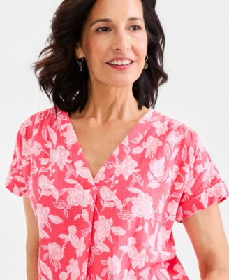 Women's Cotton Gauze V-Neck Short-Sleeve Top