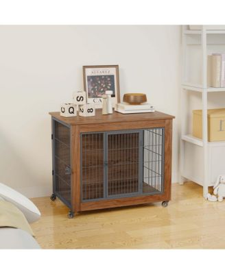 32.5" Dog Crate Furniture End Table with Wheels, 2-Door Heavy Duty Kennel for Small Dogs