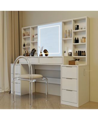  Makeup Vanity Desk with Mirror, Lights & 8 Drawers, 59" Large Table