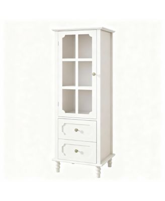 Tall Narrow Buffet Cabinet 52" White Kitchen Pantry 2 Glass Doors 2 Drawer
