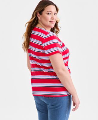 Plus Size Striped Lace-Up Short-Sleeve Top