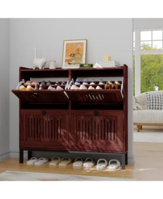 Shoe Storage Cabinet with 4 Flip Drawers, Modern Hollow-Out Panels, Adjustable Shoe Rack Organizer for Living Room or Bedroom