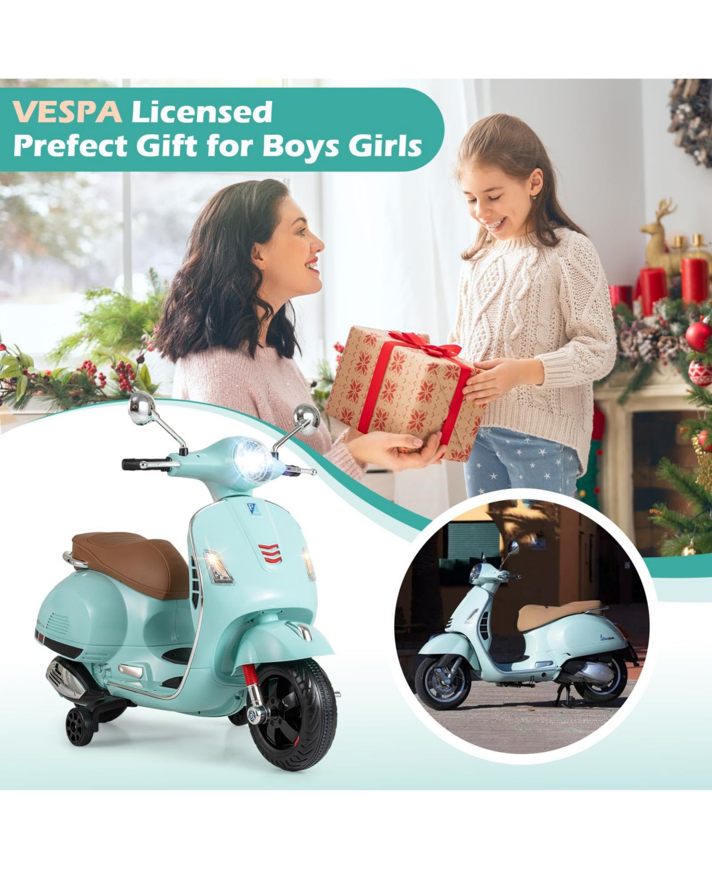Детская игрушка Mecale 12V Kids Electric Motorcycle Licensed Vespa with Music and Training, цвет: Зелёный — фото 7
