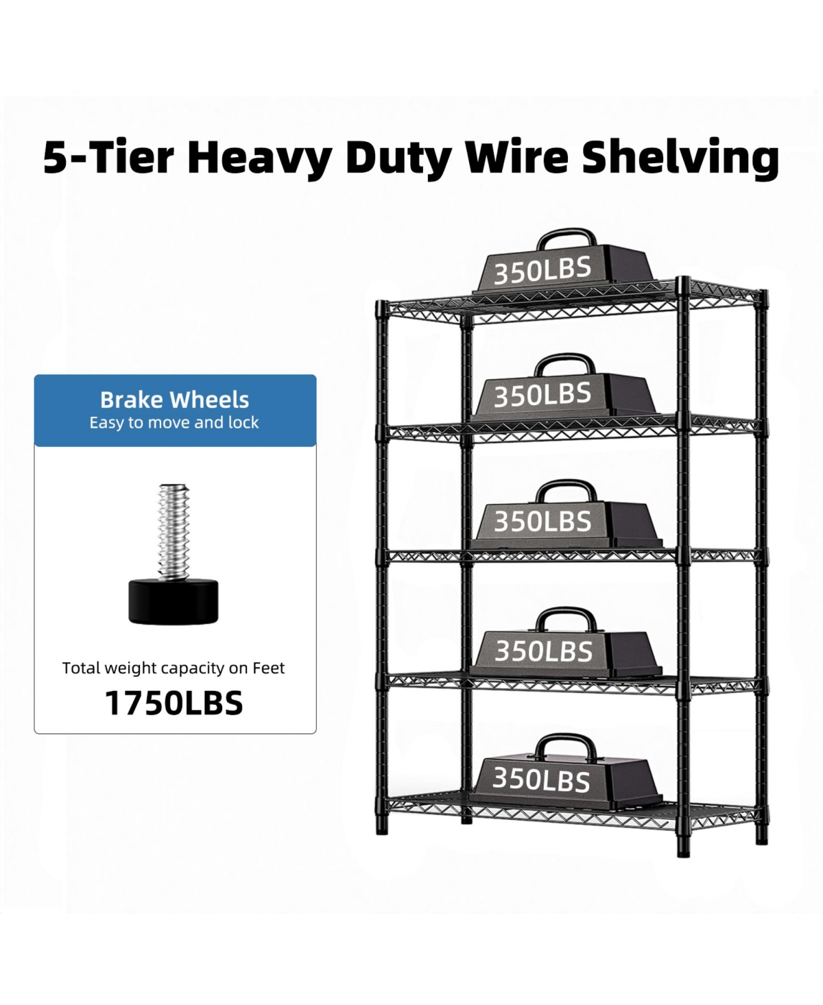 Rainsken 5-Tier Utility Shelving Unit, Steel Storage Organizer Wire Rack, 1750 Lbs Capacity for Garage, Home
