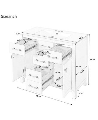 36" Modern Solid Wood Bathroom Vanity with Ceramic Sink, 4 Drawers & 2 Soft Close Doors Freestanding Cabinet