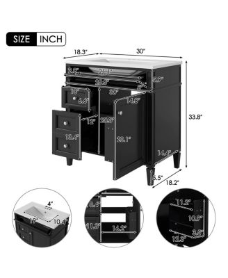 30" Modern Bathroom Vanity with Ceramic Sink, Solid Wood Cabinet, Ample Storage Drawers & Adjustable Shelf for Small Spaces