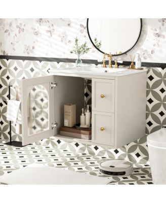 24" Wall Mount Bathroom Vanity with Glass Door, Ceramic Sink & 2 Drawers, Space Saving Storage for Small Bathrooms