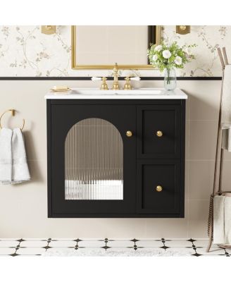 24" Wall Mount Bathroom Vanity with Glass Door, Ceramic Sink & 2 Drawers, Space Saving Storage for Small Bathrooms-Sillysis