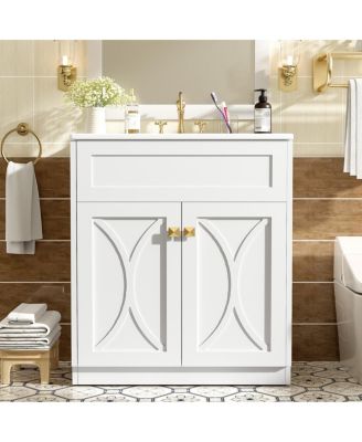 30" Modern Bathroom Vanity with Ceramic Sink, Retractable Rack & Large Storage Cabinet for Small Spaces
