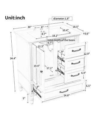 30" Modern Bathroom Vanity with Ceramic Sink, Freestanding Acacia Wood MDF Cabinet with 3 Drawers & Door
