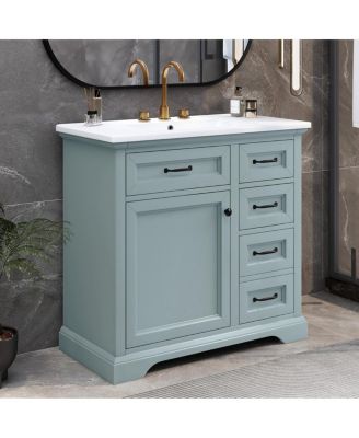 36" Bathroom Vanity with Ceramic Sink, Classic Modern Rubber Wood Cabinet & Ample Drawer Storage for Small Spaces