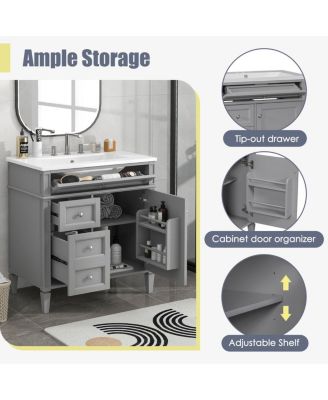 Bathroom Vanity with Ceramic Sink, Solid Wood Cabinet, Ample Storage Drawers Adjustable Shelf for Small