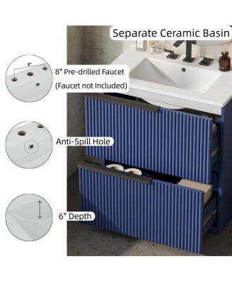 30" Modern Fluted Bathroom Vanity Cabinet with Ceramic Sink, Soft Close Drawers & Storage for Small Bathrooms