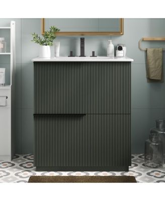 30" Modern Fluted Bathroom Vanity Cabinet with Ceramic Sink, Soft Close Drawers & Storage for Small Bathrooms