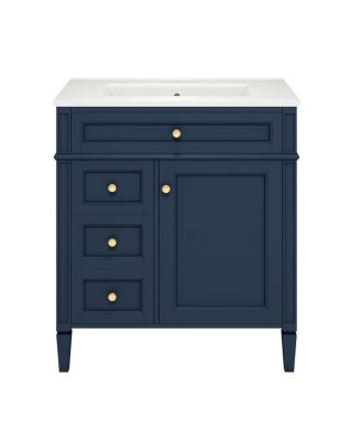 Bathroom Vanity with Ceramic Sink, Solid Wood Cabinet, Ample Storage Drawers Adjustable Shelf for Small