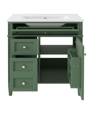 Bathroom Vanity with Ceramic Sink, Solid Wood Cabinet, Ample Storage Drawers Adjustable Shelf for Small