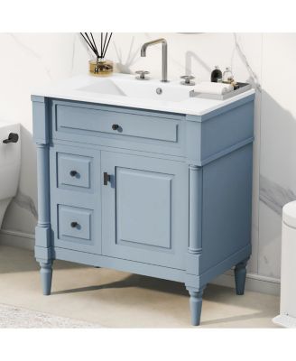 30" Bathroom Vanity with Ceramic Sink, Modern  Solid Wood Freestanding Bathroom Cabinet for Small Spaces
