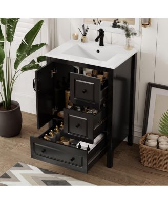 24" Bathroom Vanity with Ceramic Sink, Freestanding Retro MDF Cabinet, Soft-Close Drawers, Ample Storage for Small Spaces
