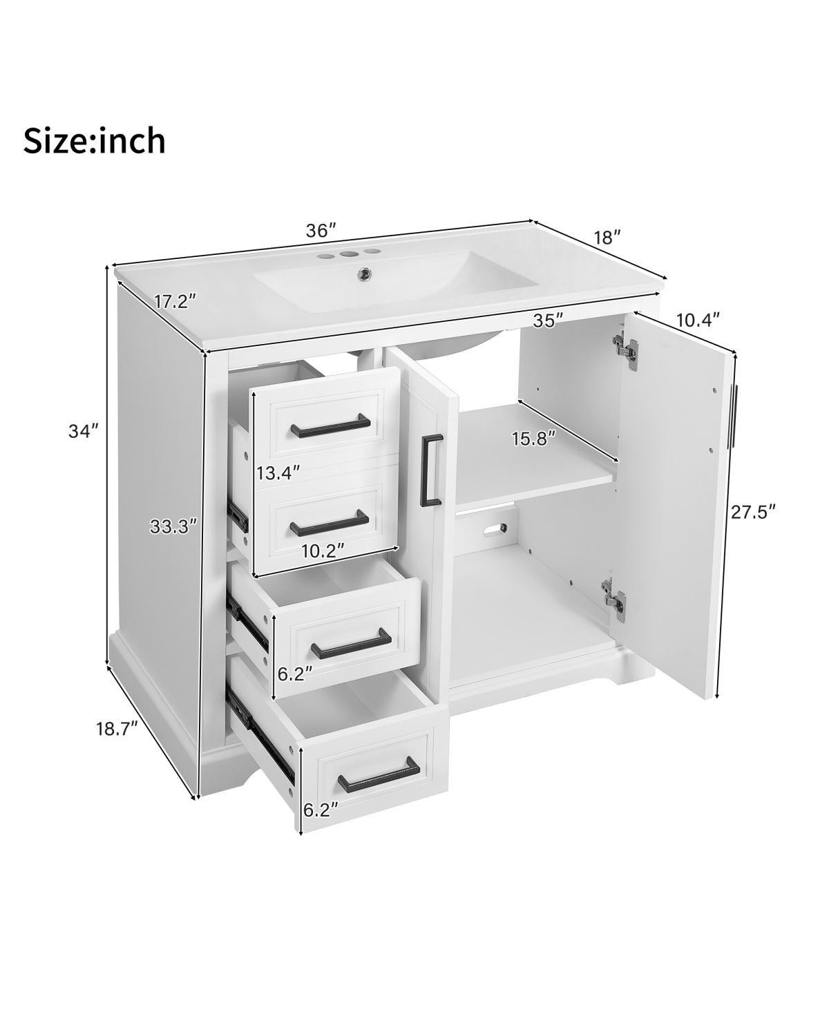 Sillysis 36" Modern Bathroom Vanity with Ceramic Sink, Solid Wood Frame & Soft Close Drawers for Small Spaces