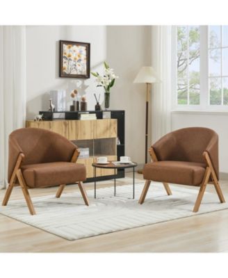 Mid-Century Modern Linen Upholstered Reading Armchair, Solid Wood Frame Comfortable Side Chair for Home