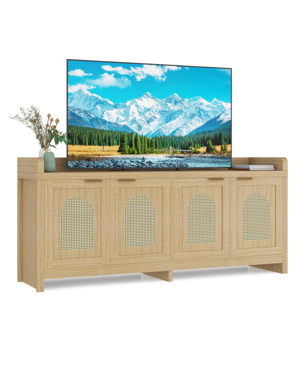 gaomon Natural Rattan Tv Stand for 65 Inch Tv, Modern Entertainment Center with Glass Doors & Cabinet, 61.5 Inch Console Table
