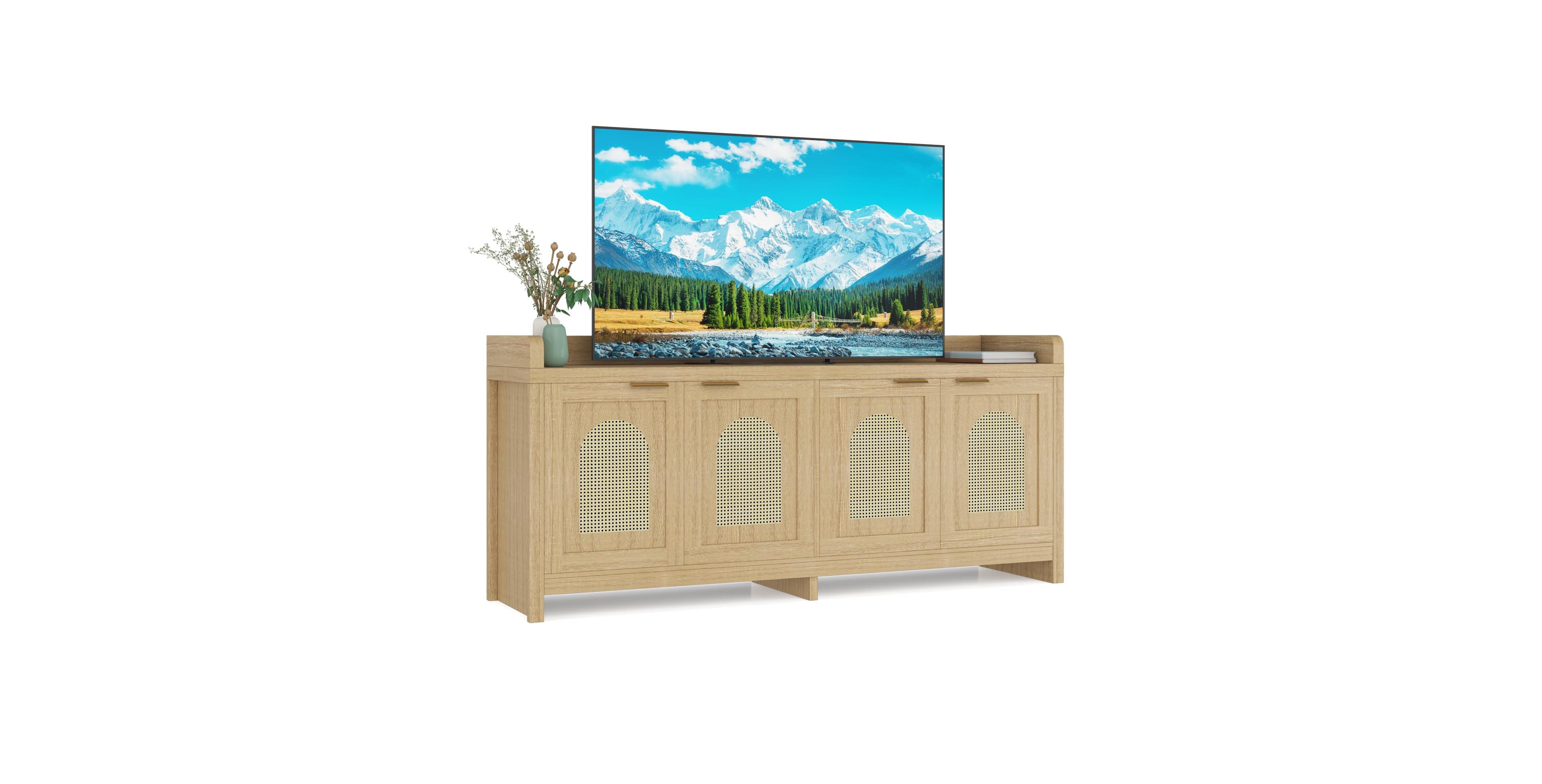 gaomon Natural Rattan Tv Stand for 65 Inch Tv, Modern Entertainment Center with Glass Doors & Cabinet, 61.5 Inch Console Table