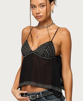 Women's Studded Asymmetric Sheer Babydoll Top